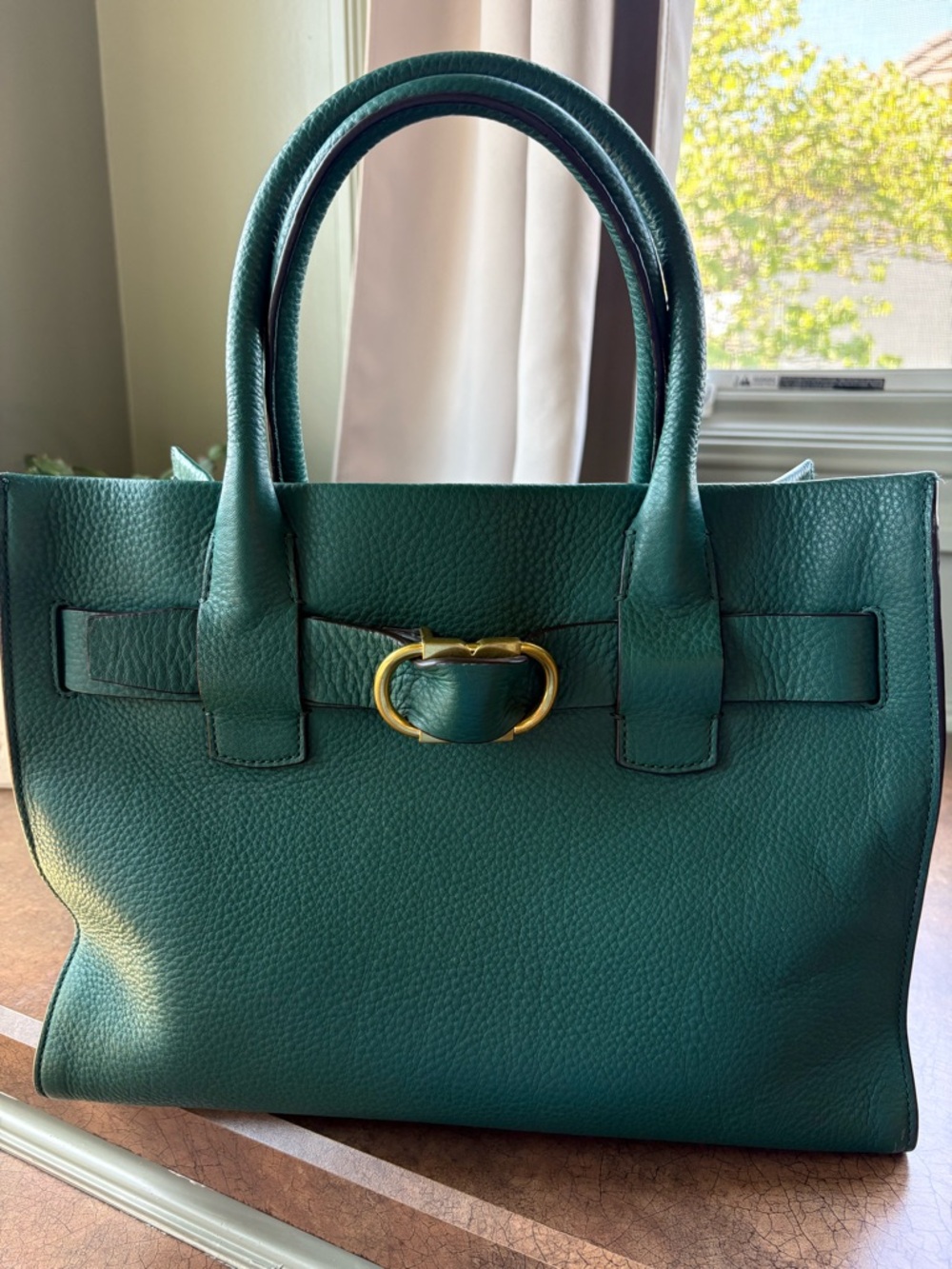 Tory Burch Emerald Green Pebbled Leather Satchel with Gold Hardware - Picture 2 of 10